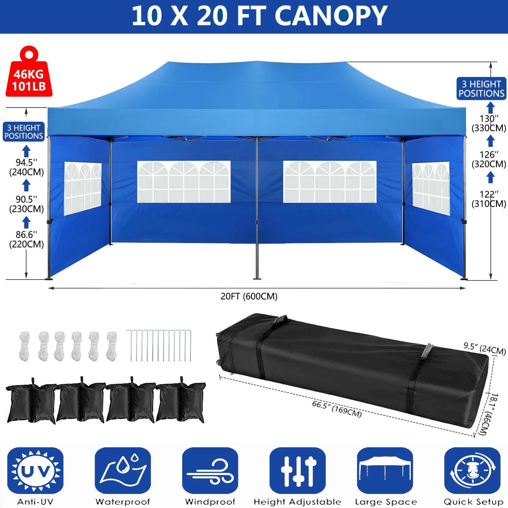COBIZI 10'x20' Canopy Heavy Duty Pop Up Canopy Tent Outdoor Gazebo Shelter Portable Instant Commercial Tent with 6 Removable Sidewalls&3 Heigh Adjustable&Roller Bag, Blue