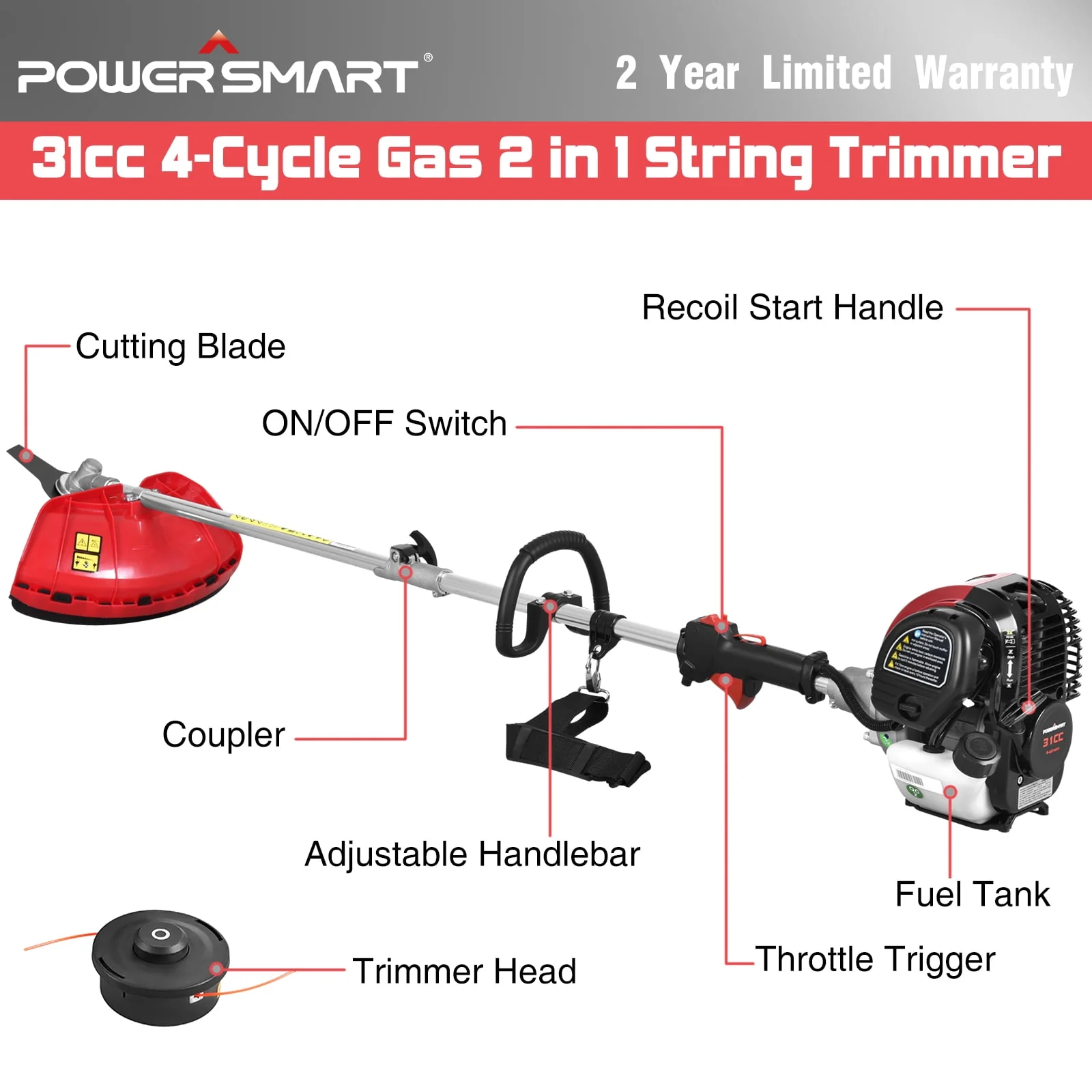 PowerSmart 4-Cycle 31cc 15lb Straight Shaft Gas String Trimmer Weed Wacker and Brush Cutter for Lawns and Grass