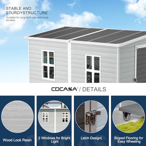 CDCASA 8x6 FT Resin Storage Shed, Waterproof Large Outdoor Sheds with Floor & Lockable Door & 2 Windows, Plastic Tool Shed for Outside, Backyard, Patio, Poolside, Bike, Dove Grey