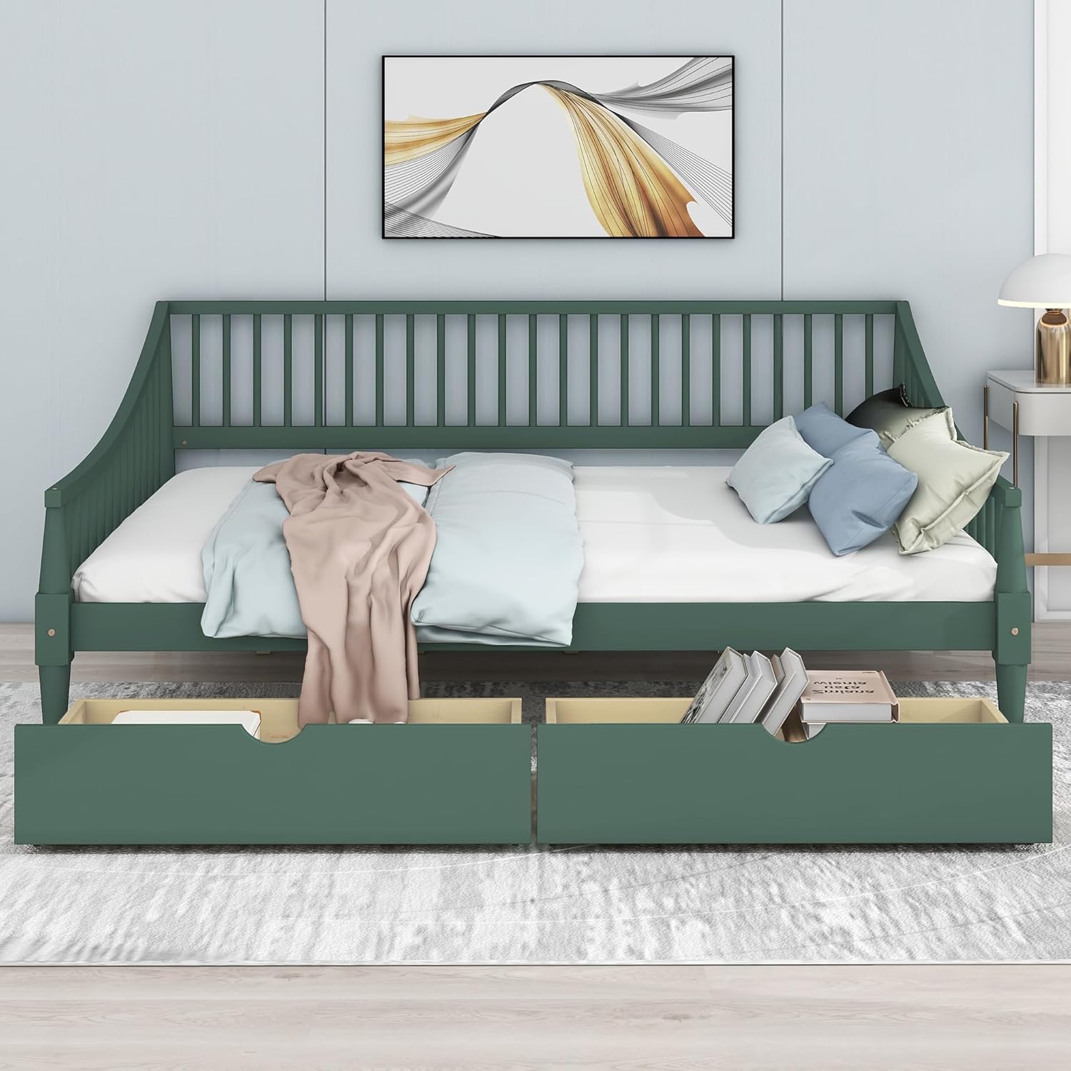 Full Size Daybed with Two Drawers,Solid Wood Storage Bed Frame W/Wooden Slat Support,Guide Rail Design on Three Sides,Easy to Assemble,for Bedroom Living Room,Green