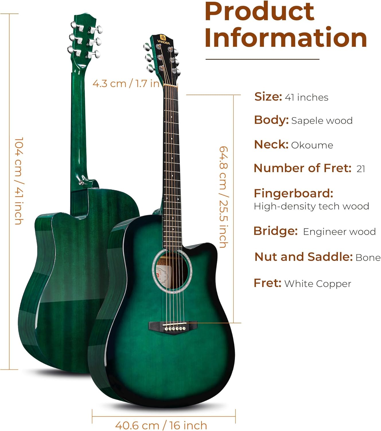 Acoustic Guitar 41 Inch Cutaway Acoustic Guitar Full Size Dreadnought Acustica Guitarra Bundle with Gig Bag for Adults Teens Beginners Professionals, Blue by Vangoa