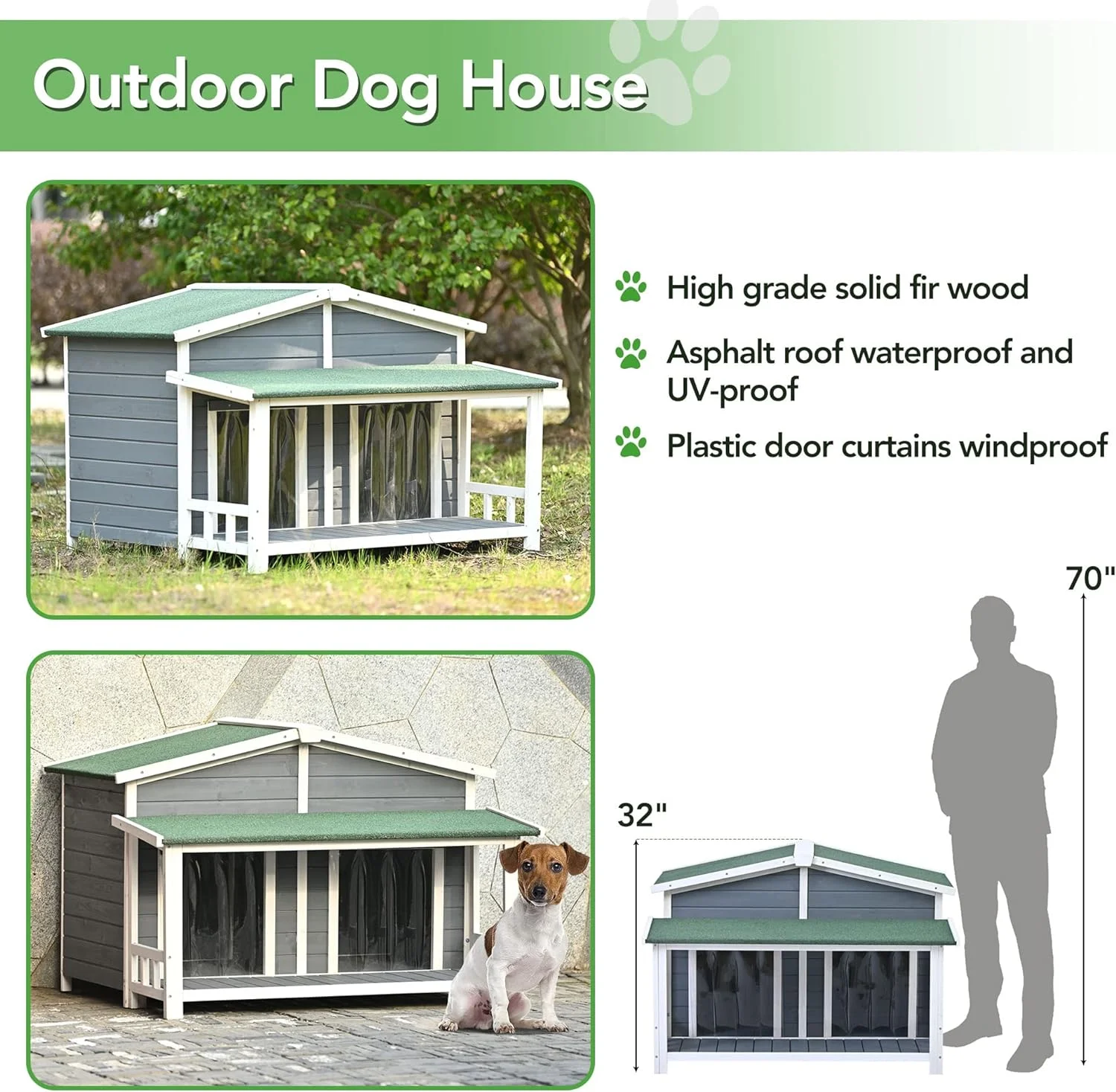 Large Wooden Dog House Outdoor, Outdoor & Indoor Dog Crate, Cabin Style, With Porch, 2 Doors, Gray And Green