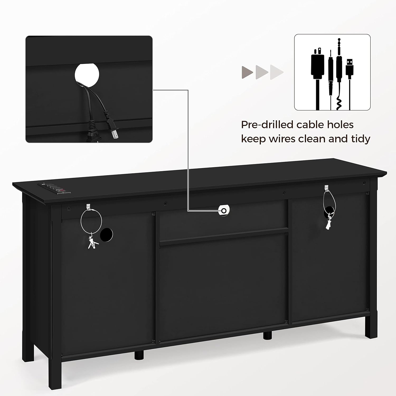 Topeakmart Black Media Entertainment Center with Power Outlet & Storage Cabinets, Elegant TV Stand with Adjustable Shelves for Living Room, 58 in TV Console Table for TVs up to 65 in