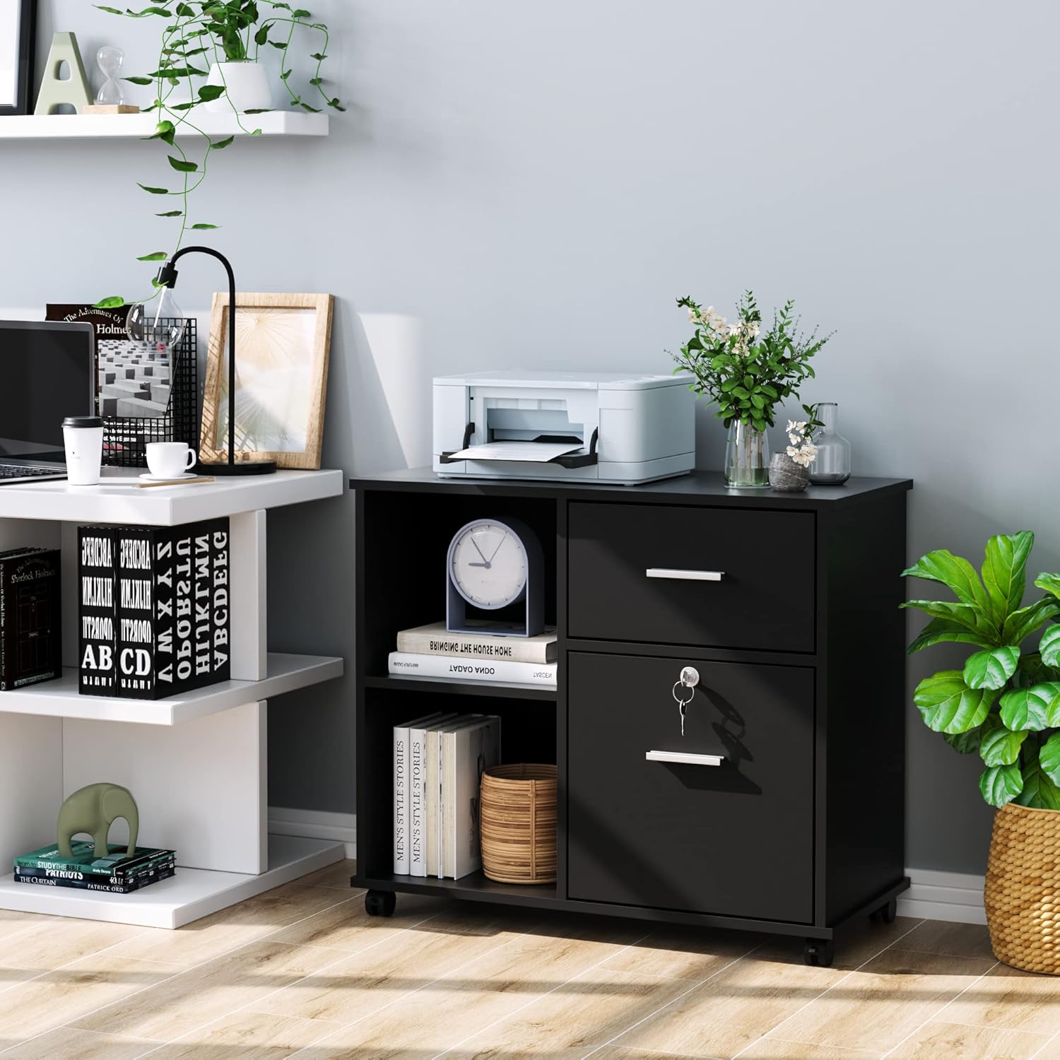 Lateral File Cabinet with Drawers and Lock, Wood Filing Cabinet, Rolling Printer Stand with Shelves for Home Office, Black