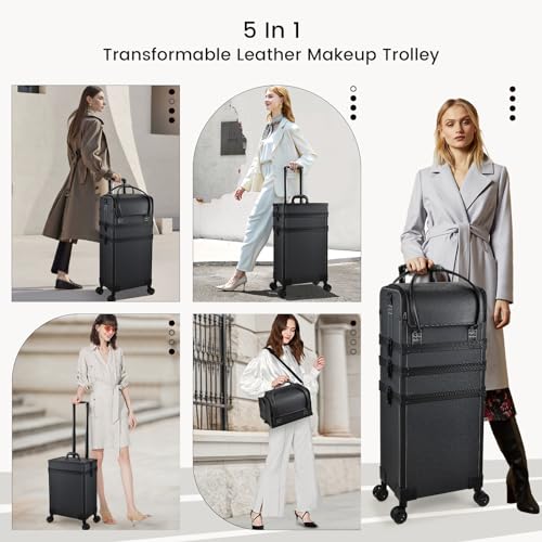Costravio Rolling Makeup Case 5 IN 1 Cosmetology Case on Wheels Makeup Organizer Travel Case with Shoulder Strap for Makeup Artists Nail Tech School Salon Barber Makeup Trolley Cart Black Leather