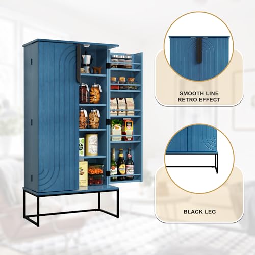 ARTPOWER 46" Blue Pantry Cabinets, Food Pantry Storage Cabinet with Adjustable Shelves，Large Storage Space for Kitchen,Blue