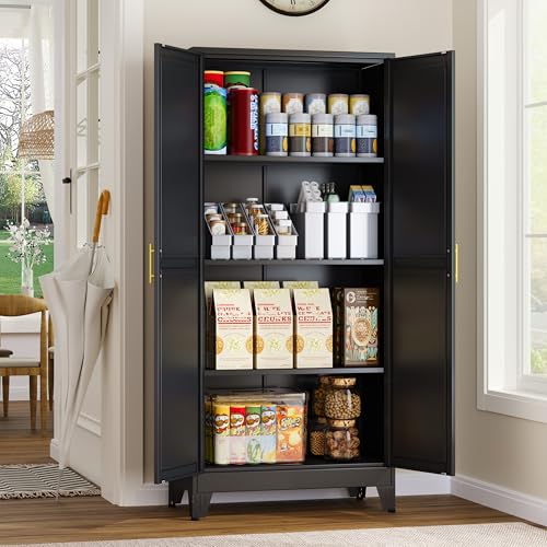 75.2" Tall Metal Pantry Cabinet, Storage Cabinets with 4 Door and 4 Adjustable Shelves, Black Kitchen Pantry Storage Cabinet, Freestanding Cupboard for Kitchen Dining Room Living Room Bathroom