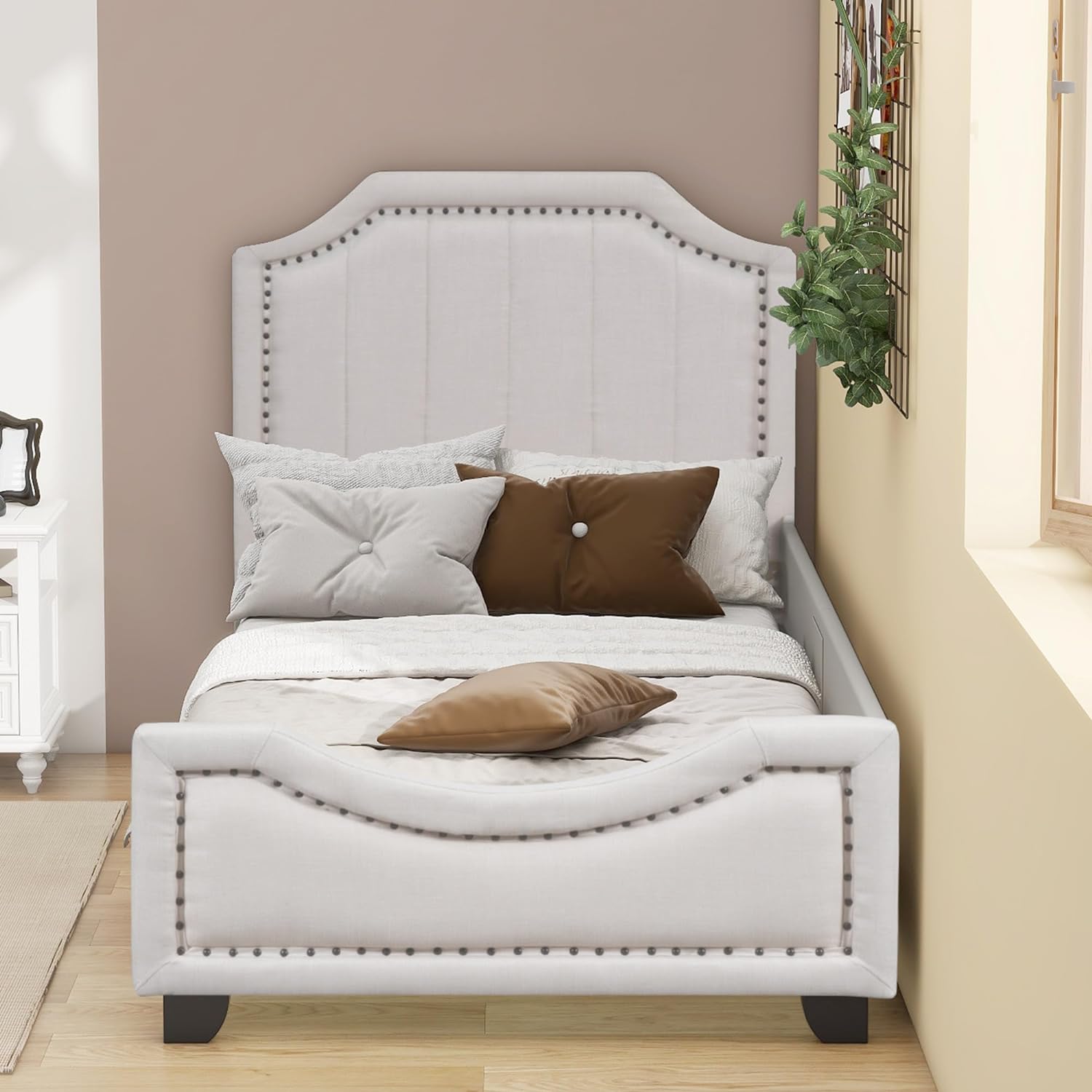 Upholstered Bed With Headboard, Low Platform Bed Frame With Rails For Kids, Lie Fabric Child Bed For Girls Boys Tees, Beige