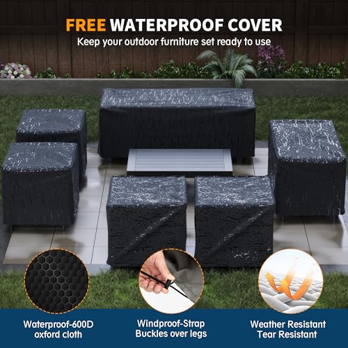 UDPATIO 8 Piece Aluminum Patio Furniture Set, Oversized Modern Outdoor Furniture Set with Olefin Fabric Cushion for Patio Deck Backyard, Dark Grey(with Waterproof Covers)