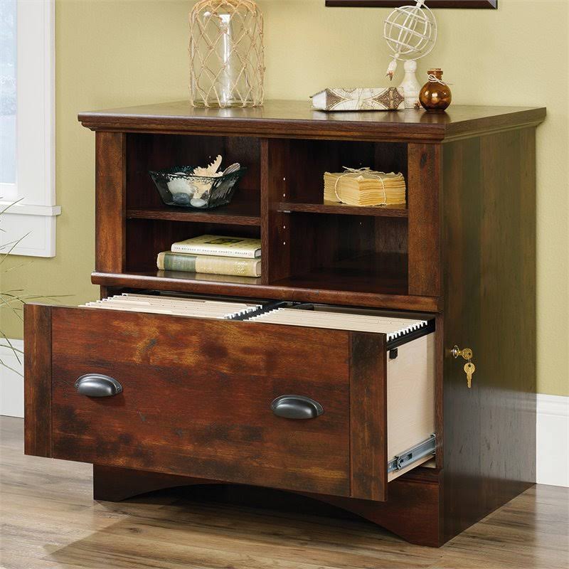 Sauder Harbor View 2 Piece Computer Desk with Hutch and File Cabinet Set in Cherry