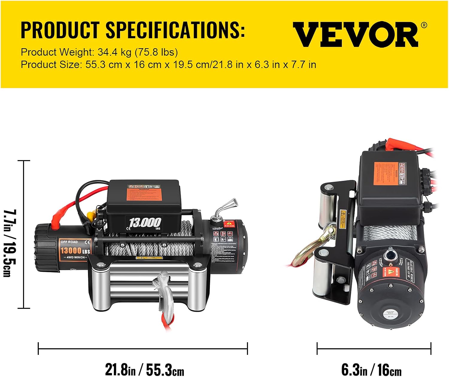 VEVOR Electric Winch 13000lb Load Capacity Truck Winch Compatible with Jeep Truck SUV 85ft/26m Cable Steel 12V Power Winch with Wireless Remote Control, Powerful Motor for ATV UTV Off Road Trailer