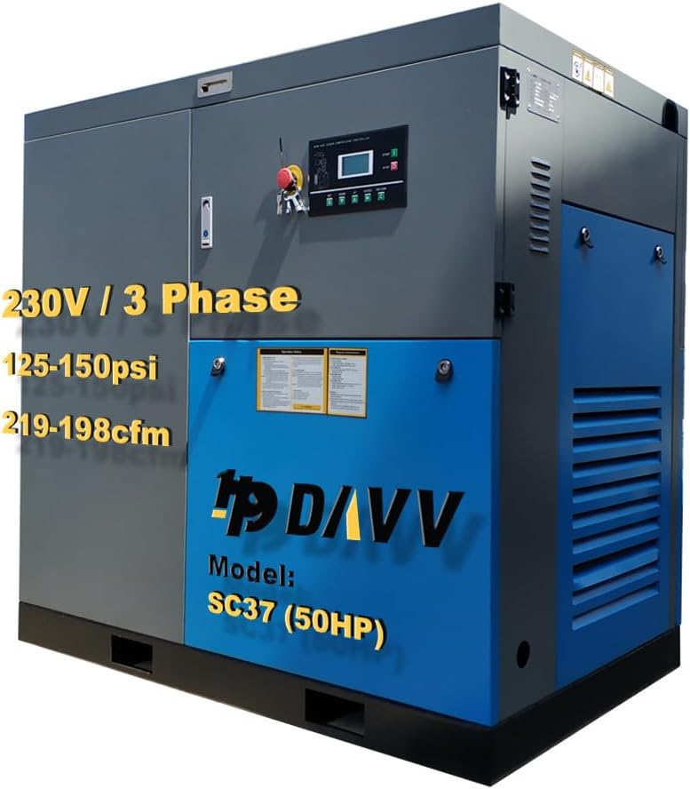 230V 3-Phase Rotary Screw Air Compressor 50HP 37KW - 198CFM@125PSI Base Mount Commercial Air Compressed System Heavy Duty Stationary Industrial Compressed Air Built-in Air Oil Separator - SC3723