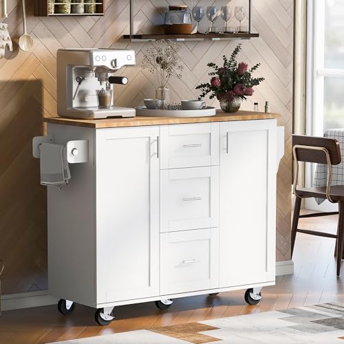 Rolling Kitchen Island With Seating,Rolling Island For Kitchen Island With Storage And Drop Leaf,Kitchen Trolley With Rubber Wood Top, 3 Drawers, 2 Slide-Out Shelves And Storage Shelves. (Grey blue)