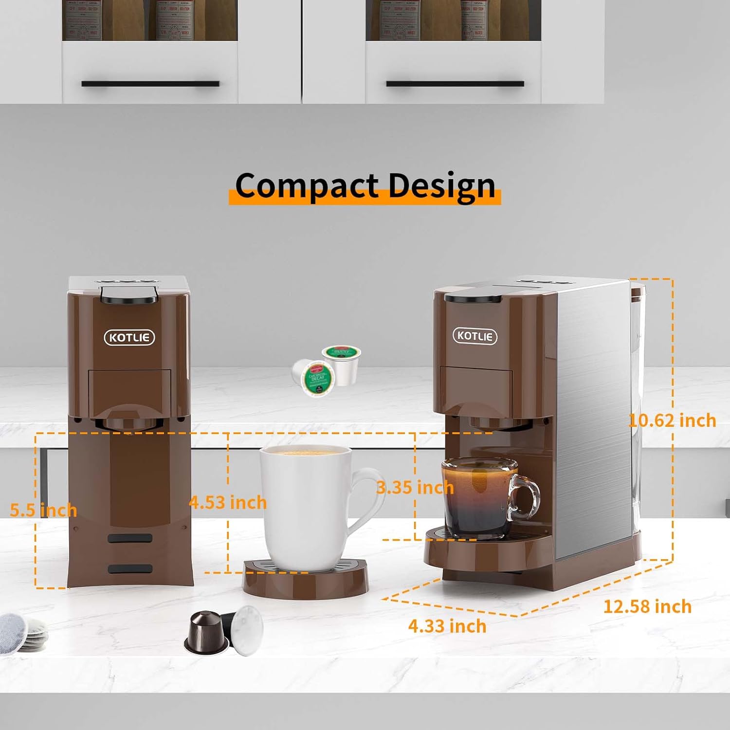 KOTLIE Multifunctional 4in1 Espresso Machine, 19Bar Pressure Single Serve Coffee Maker for Nespresso Original Capsule/Kcup Capsule/L’OR Capsule/illy 44mm ESE coffee bag/Ground Coffee