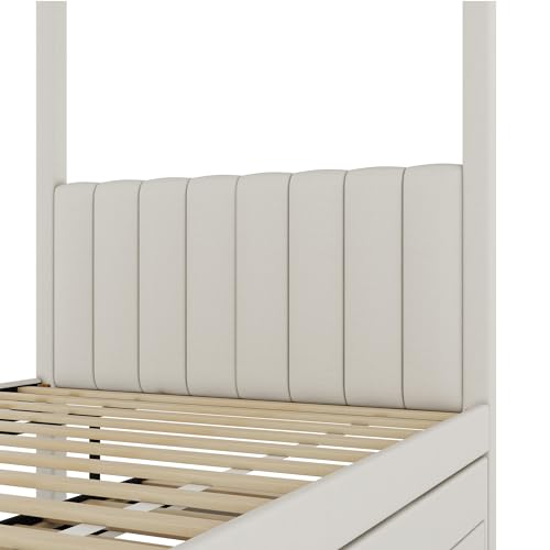 Twin Size 4 Poster Bed Canopy Bed with Upholstery Headboard, Built-in Trundle and 3 Drawers, for Kids Teens Adults, Beige