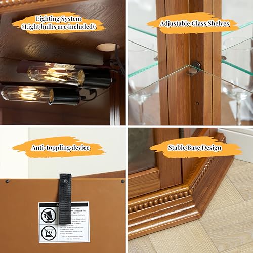 Display Cabinet Lighted,Corner Curio Display Cabinet with Adjustable Shelves & Mirrored Back,Storage Cabinet Wood Frame Collectibles Toy Display for Living Room, Kitchen,Pantry light bulb not included