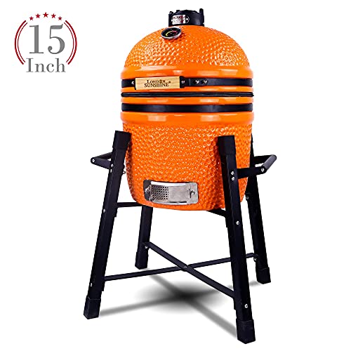 Ceramic Kamado Charcoal BBQ Grill and Smoker, Stainless Steel Grates -15" Ceramic with Tall Stand (BLACK)