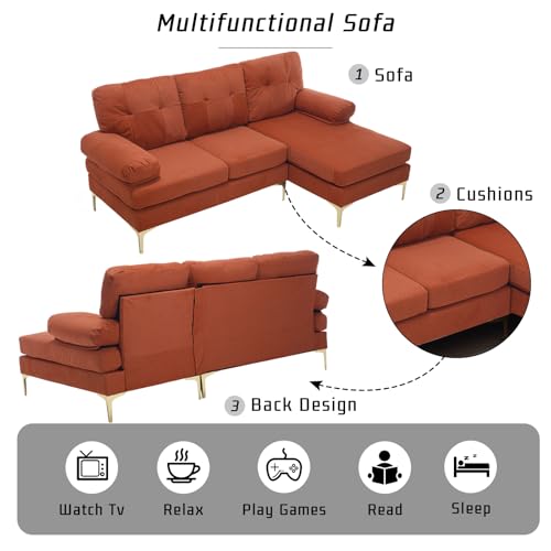 80.7'' Sectional Sleeper Sofa L Shaped Couch, Small Upholstered 3 Seat Sleeper Couch with Chaise, Chenille Fabric Minimalist Sofa with Sturdy Legs for Living Room, Bedroom, Apartment (Orange)
