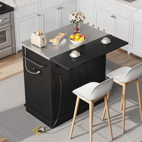 YITAHOME Kitchen Island with Stainless Steel Top & Drop Leaf, 47 Inch Kitchen Island on Wheels with Power Outlet, Rolling Portable Mobile Kitchen Cart w Storage Drawer Cabinet Counter Metal Top, White