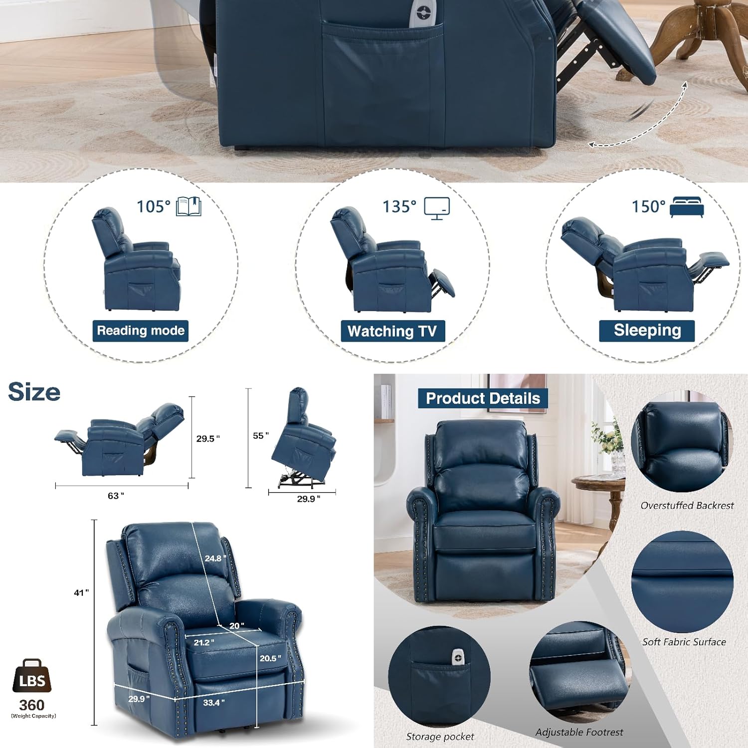 Electric Power Lift Faux Leather Recliner Side Pocket for Storage Chair, Navy Blue