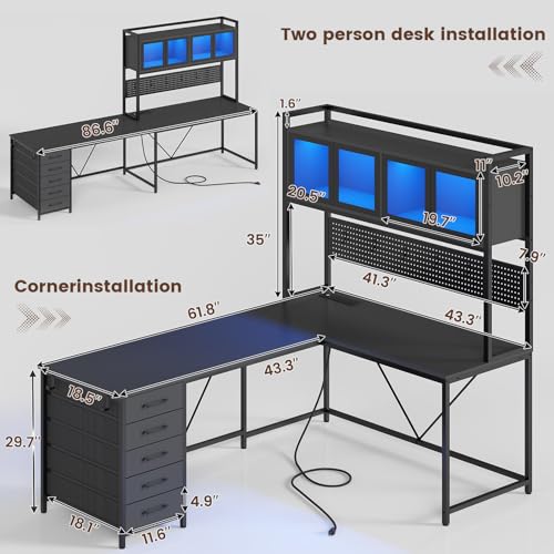 SEDETA L Shaped Gaming Desk with Drawers, L Shaped Computer Desk with Hutch and Storage Shelves, Gaming Desk with Pegboard, Led Lights, and Power Outlet, Home Office Desk, Corner Desk, Rustic Brown