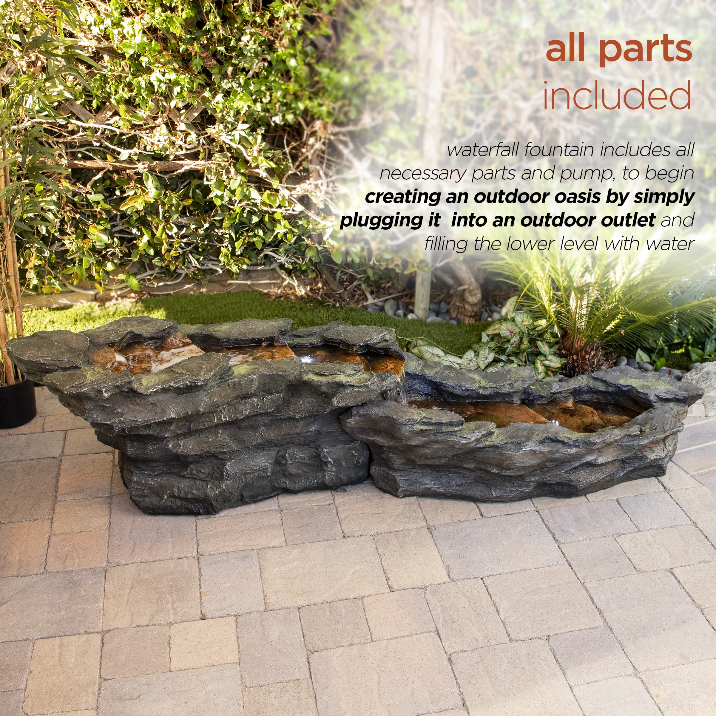Alpine Corporation 76" Long Outdoor Tiering Rocky River Stream Water Fountain with LED Lights