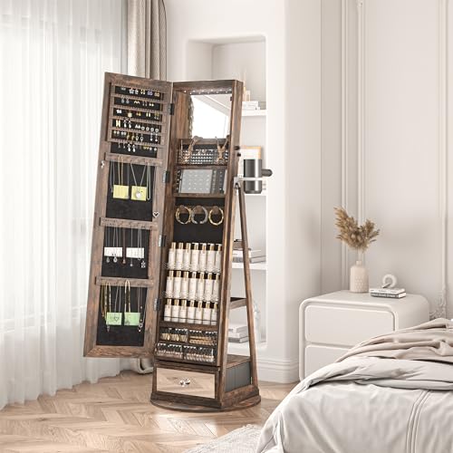 4 Wheels Jewelry Armoire with LED Light, Movable Jewelry Cabinet Standing with Full-Length Mirror, Lockable Jewelry Organizer with Mirror Storage Drawer, White