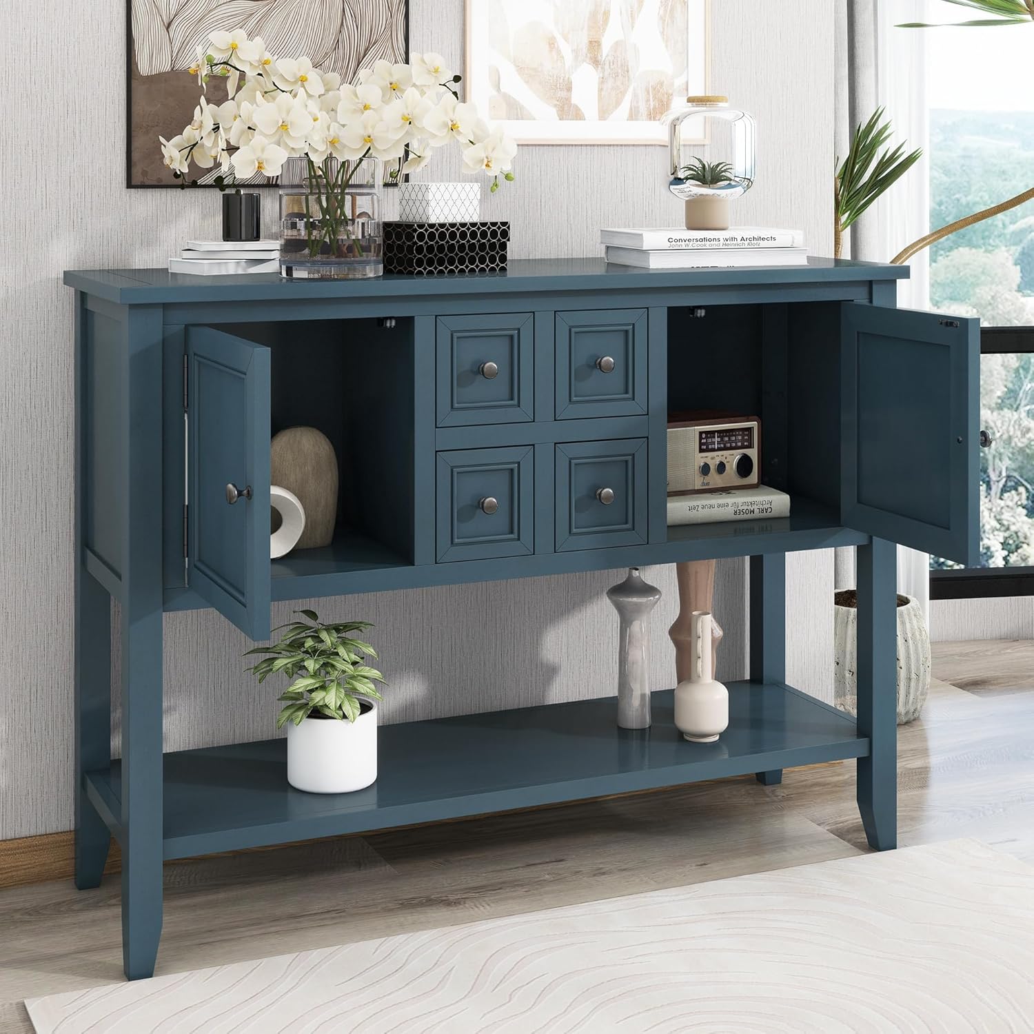 Vintage Console Table with 4 Drawers, 2 Cabinets and Open Bottom Shelf, Solid Wood Buffet Sideboard w/Storage, for Living Room Apartment Hallway Entryway, Light Navy, 46 Inch