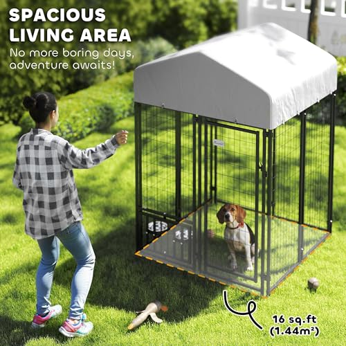PawHut 4.6' x 4.6' x 5' Dog Kennel Outside, Welded Wire Outdoor Dog Kennel Run with Waterproof & UV Resistant Cover, for S&M Breeds, Chickens, Ducks, Black