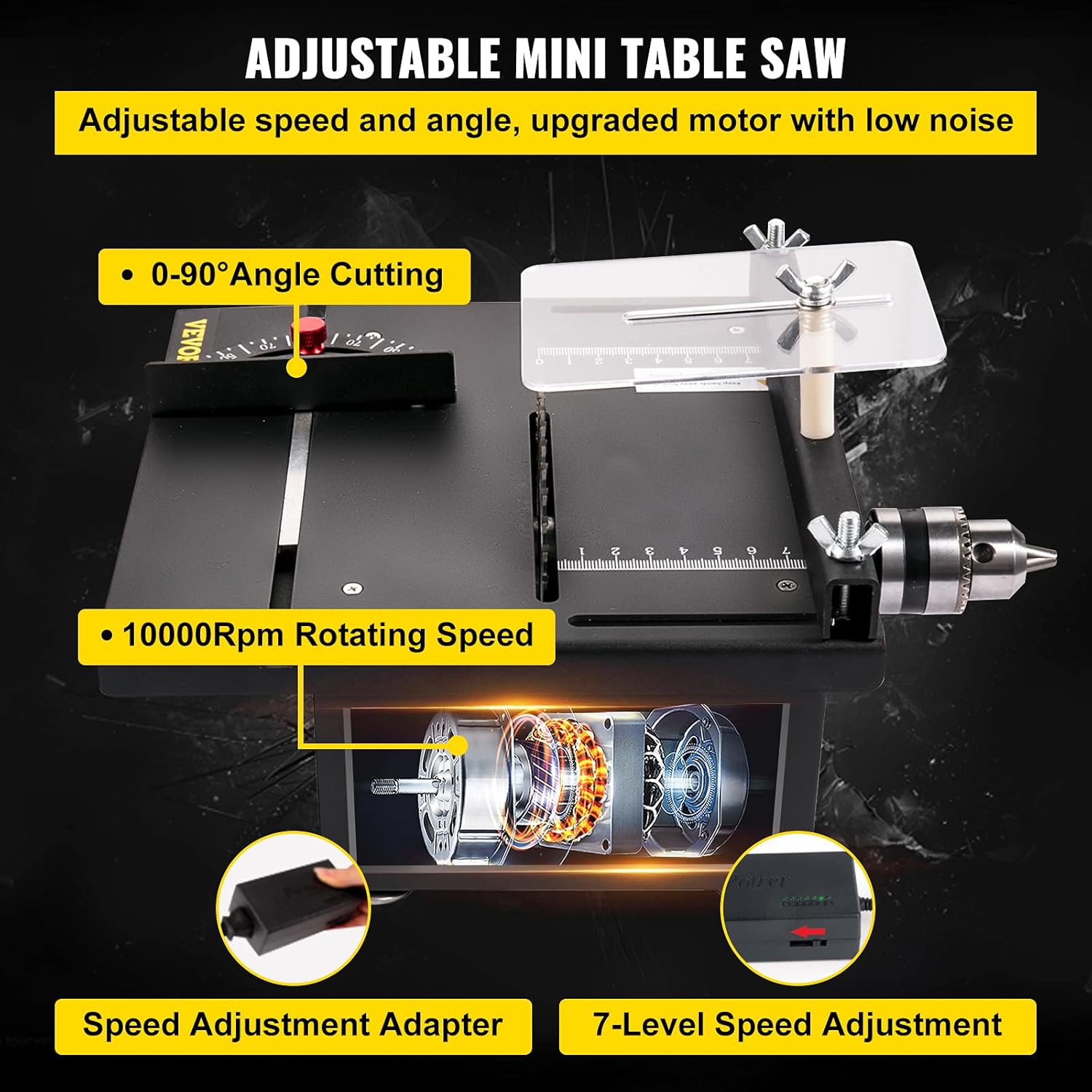 VEVOR Mini Table Saw, 96W Hobby Table Saw for Woodworking, 0-90 Angle Cutting Portable DIY Saw, 7-Level Speed Adjustable Multifunctional Table Saws, 1.3in Cutting Depth (Cutting/Polishing Set)