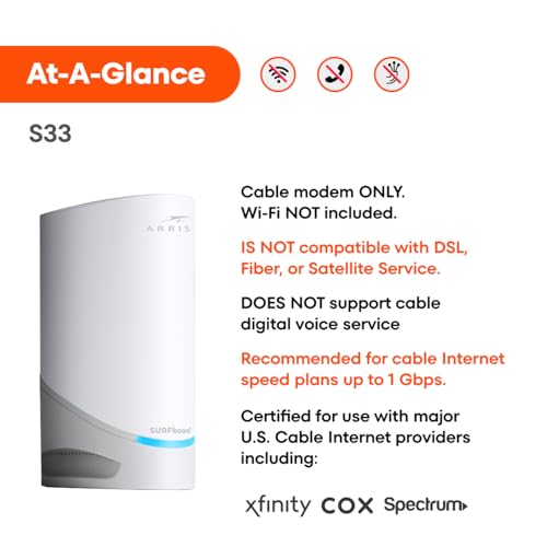 ARRIS (S33) - Cable Modem - Fast DOCSIS 3.1 Multi-Gigabit Cable Modem For Comcast Xfinity, Cox, Spectrum & More 1 & 2.5 Gbps Ports 2.5 Gbps Max Internet Speeds 2 Year Warranty - (No Built-in Wifi)