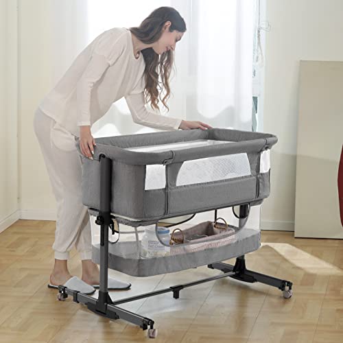 Ihoming Baby Bassinet Bedside Sleeper, 3 in 1 Convertible Design, lnfant Bed & Bed Side Sleeper & Cradle Bassinets, Newborn Bedside Crib Attaches to Bed, Pink