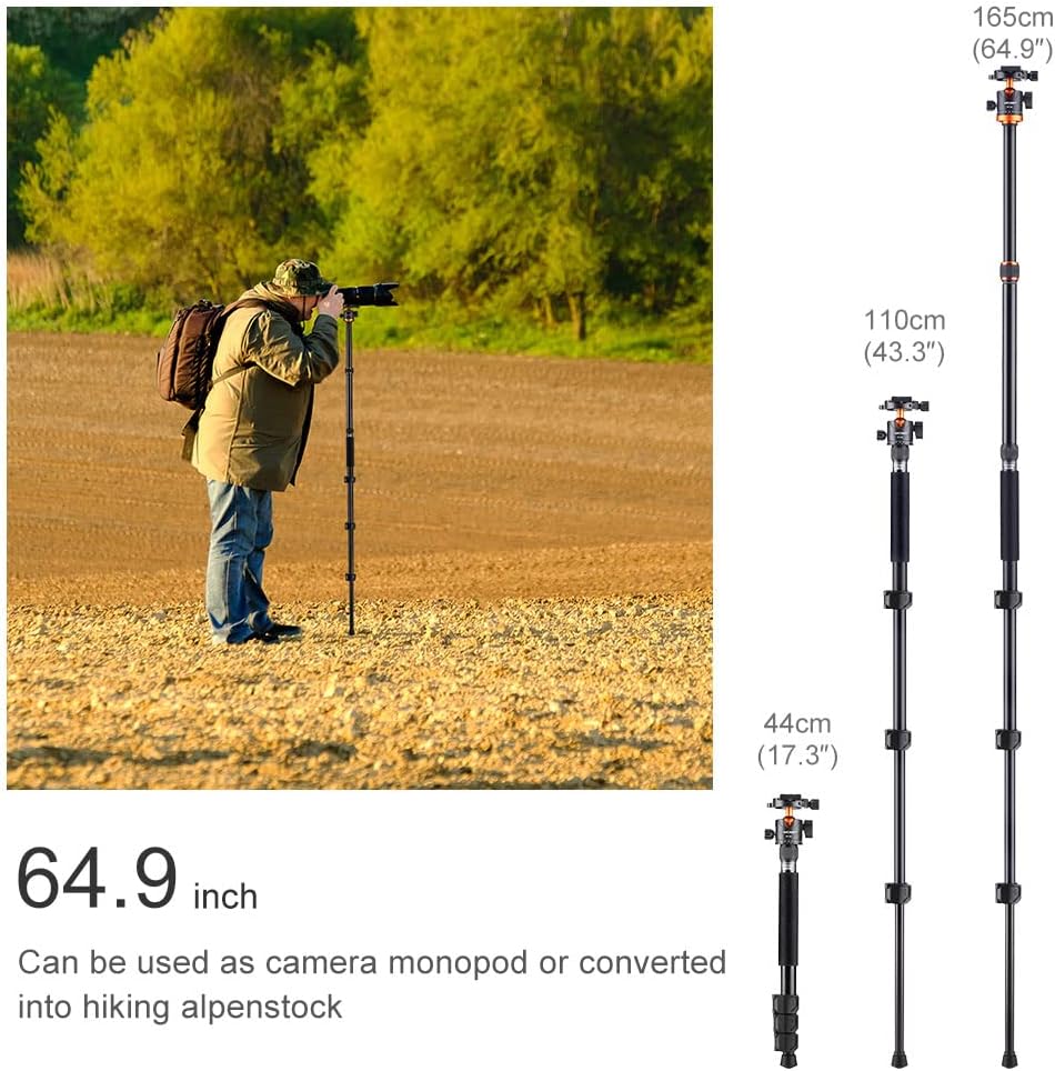 K&F Concept 62 inch DSLR Camera Tripod,K254A1+BH-28L (SA254M1) Lightweight and Compact Aluminum Detachable Monopod Tripod with 360 Panorama Ball Head Quick Release Plate for Travel and Work