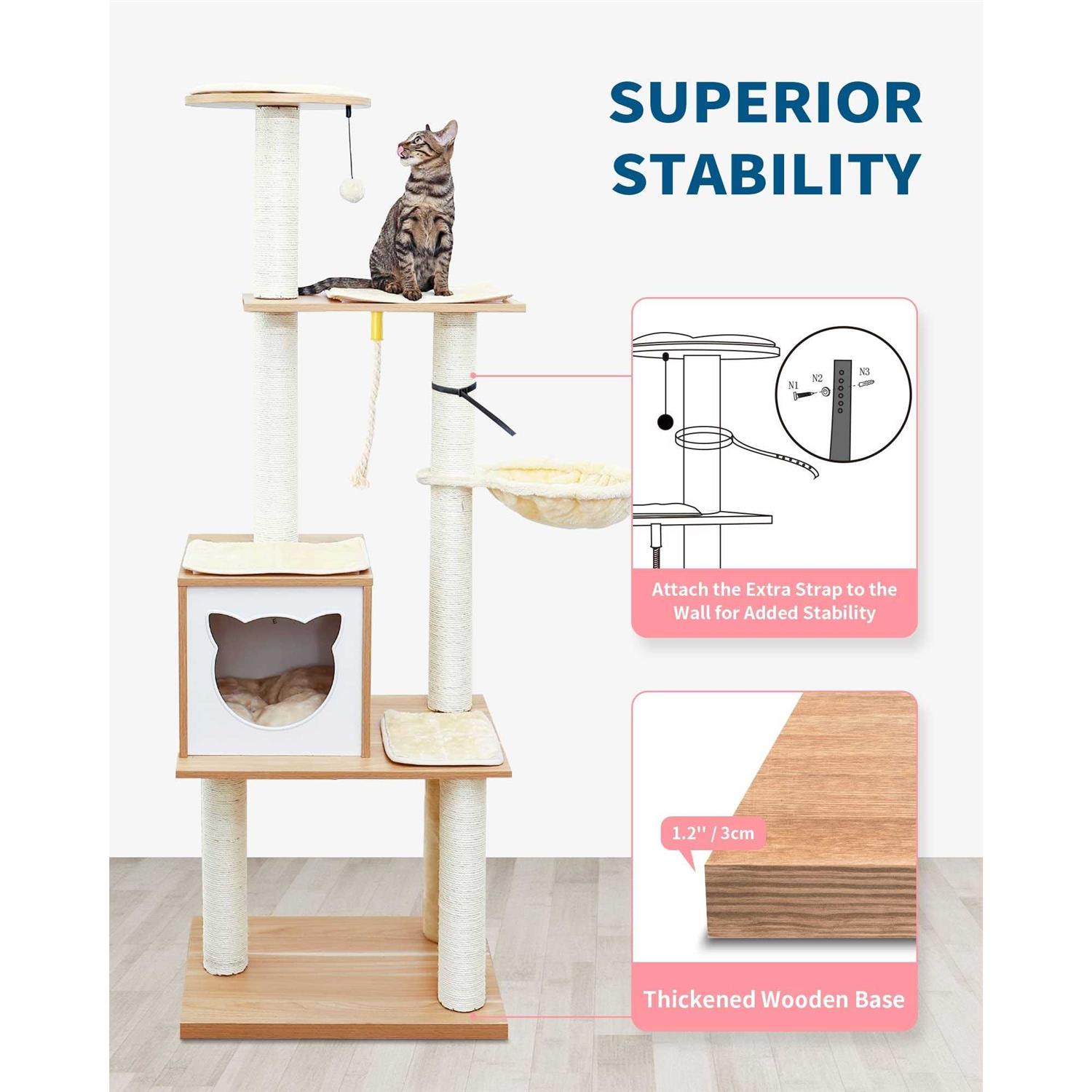 MADE 4 PETS Made4Pets Cat Tree for Indoor Cats Modern Cat Tower 65 Tall Wood Kitten Condo with Hammock for Small Large Cats - Pet Supplies online store