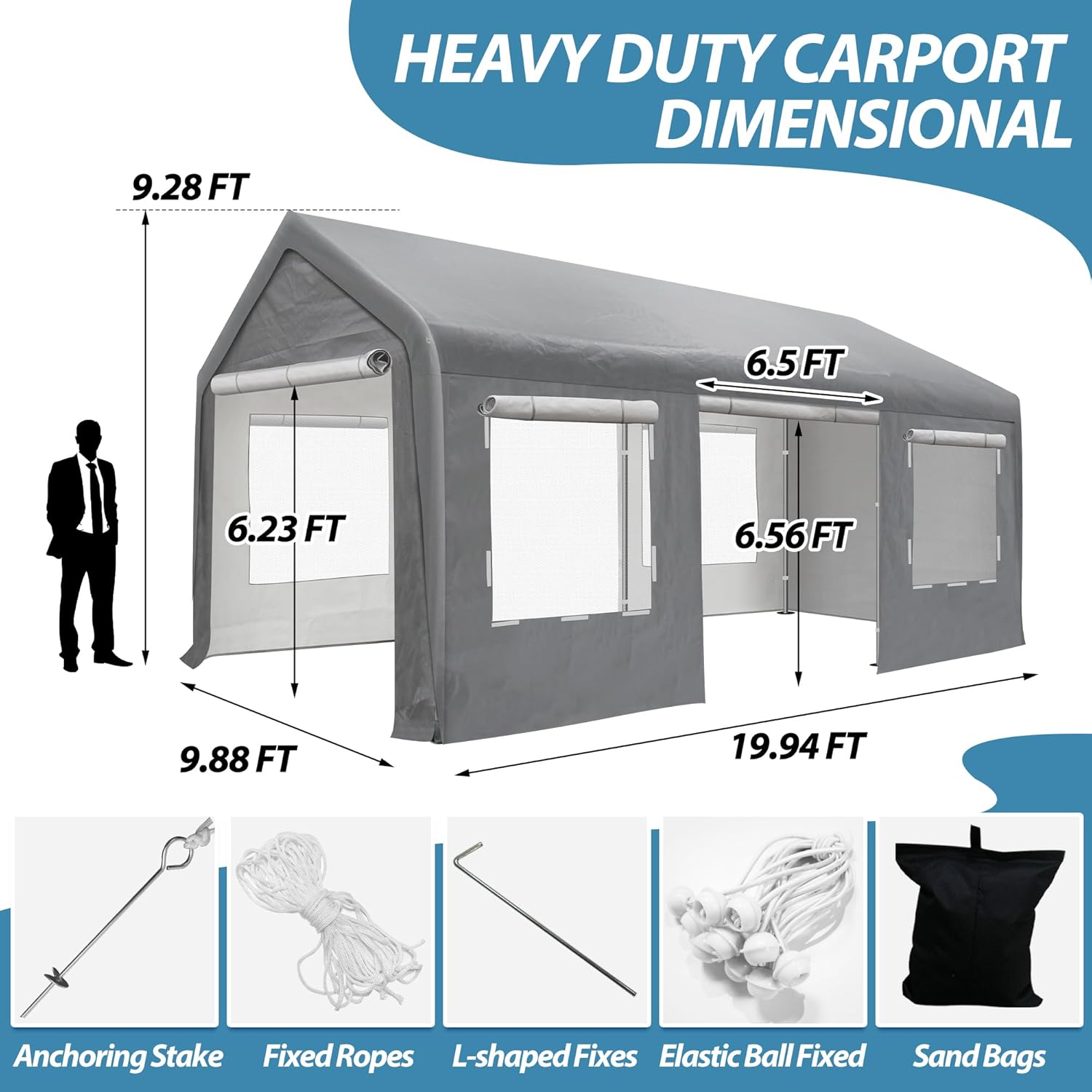 10'x20' Portable Carport Garage, Outdoor Storage Shelter Shed, Durable Zipper Car Canopy with Roll-up Doors and Windows, Heavy Duty Metal Frame, Waterproof Carport Tent for Generator Vehicles