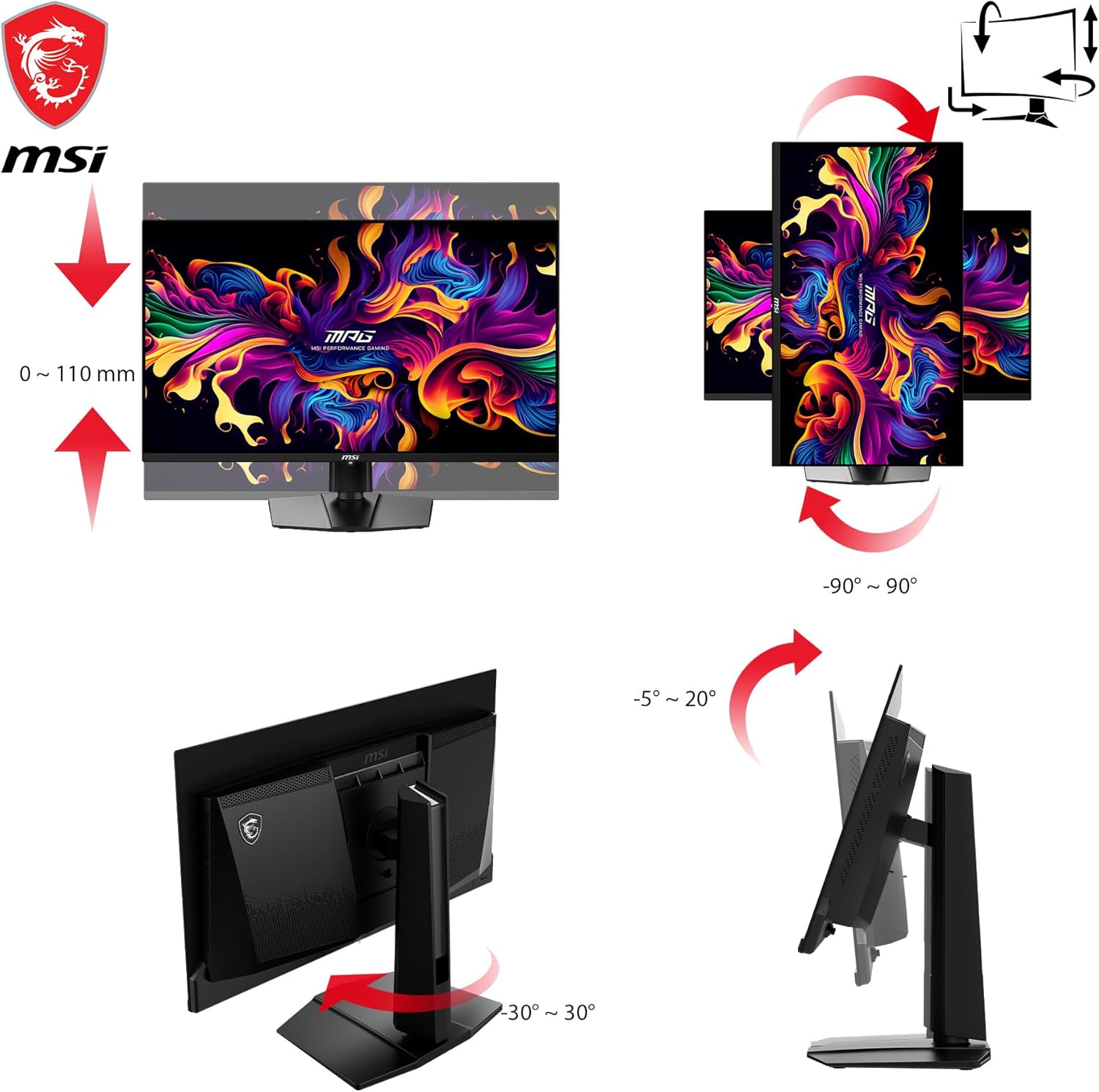 MSI MAG 271QPX QD-OLED, 27 OLED Gaming Monitor, 2560 x 1440 (QHD), OLED 0.03ms Response time, 360Hz, True Black HDR 400, HDMI, DP Port, USB Type C, Tilt, Height