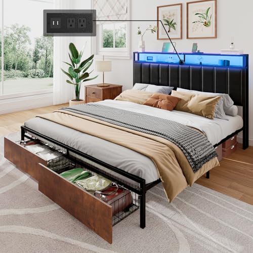 Full Bed Frame with 2 Storage Drawers, 2-Tier Storage PU Headboard with Charging Station& LED Lights, Metal Platform Bed/No Box Spring Needed/Noise Free/Black
