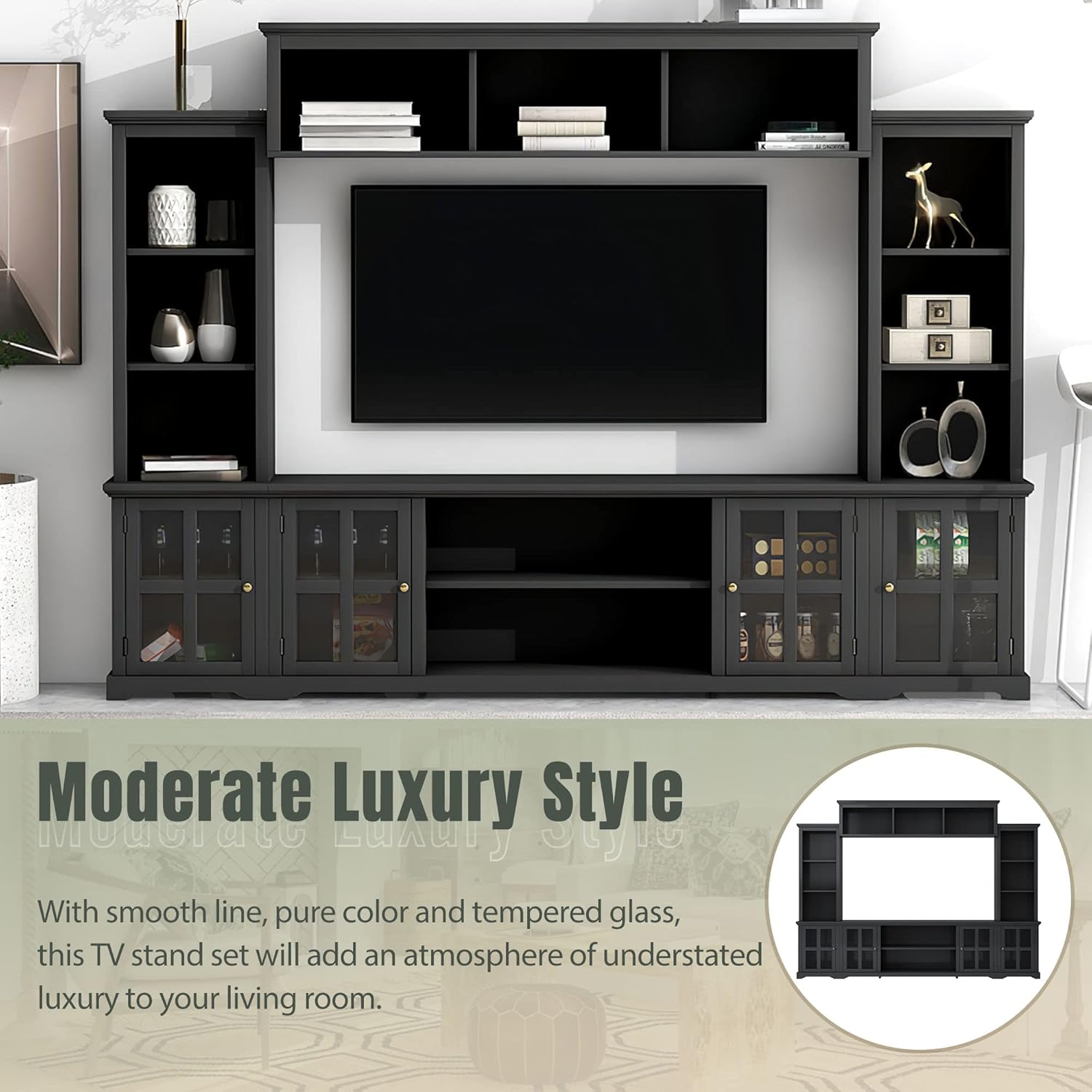 Entertainment Wall Unit with Bridge, Stand Media Console Table for TVs Up to 70" with Tempered Glass Door, Ample Storage Space for Living Room, 104 Inch, Black