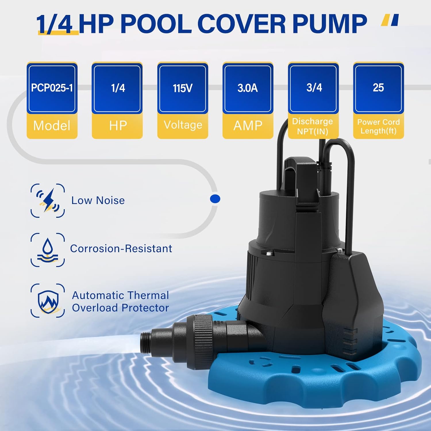 Acquaer 1/4 HP Automatic Swimming Pool Cover Pump, 115 V Submersible Pump with 3/4” Check Valve Adapter & 25ft Power Cord, 2250 GPH Water Removal for Pool, Hot Tubs, Rooftops, Water Beds and more Pack of 2