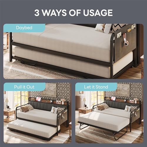 LIKIMIO Daybed with Trundle Bed, Twin Bed Frame with Storage Headboard and Charging Station, Sofa Day Bed with Strong Supports for Living Room, Bedroom, and Guest Room, Grey