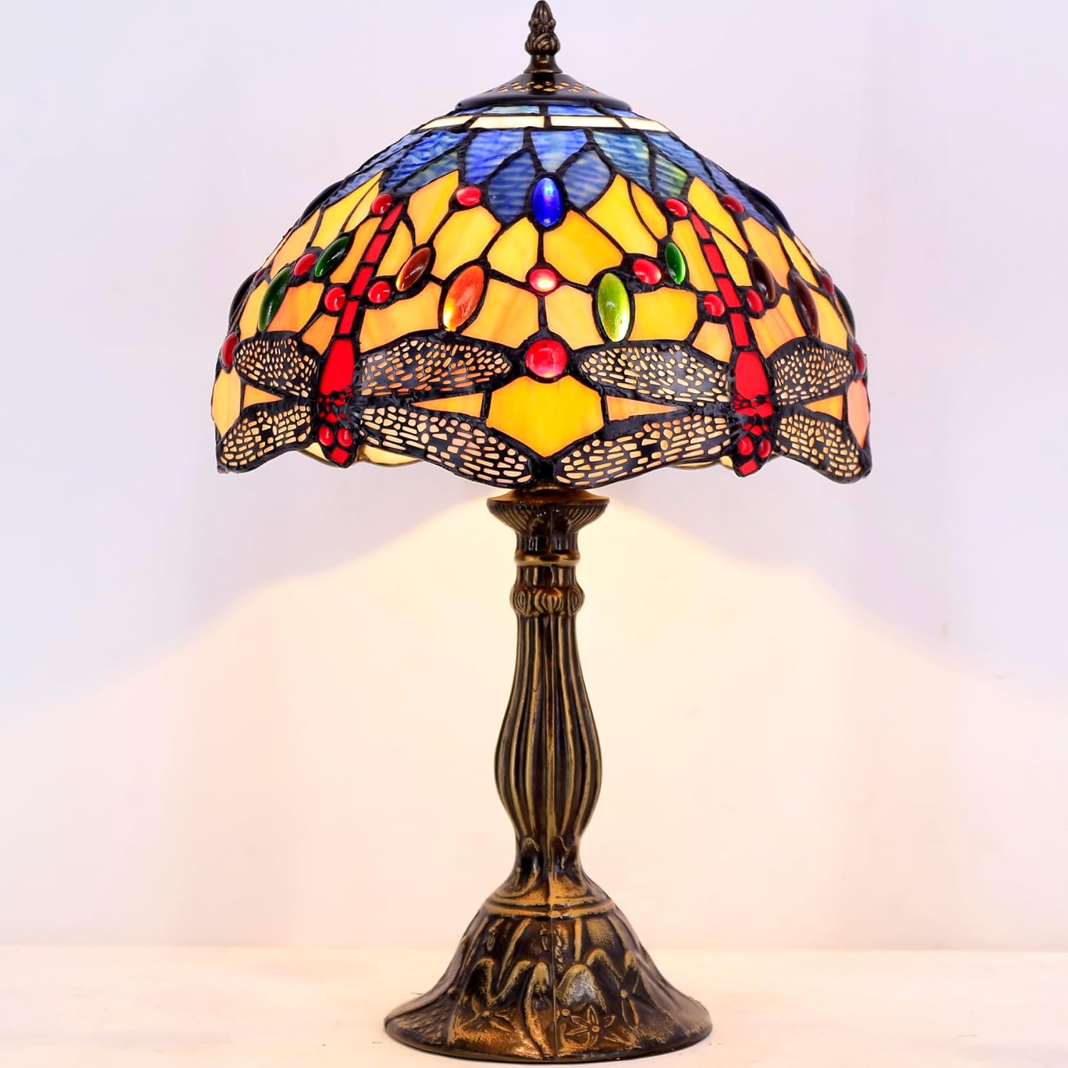 WERFACTORY Tiffany Lamp Stained Glass Bedside Table Lamp Orange Blue Dragonfly Style Reading Desk Light 12X12X18 Inches Decor Bedroom Living Room Home Office S168 Series
