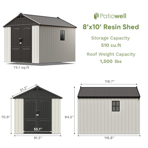 Patiowell 8 x 12 FT Plastic Outdoor Storage Shed with Floor, Resin Shed with Window and Lockable Door for Garden, Backyard, Tool Storage Use, Easy to Install in Beige (Kick-it Shed)