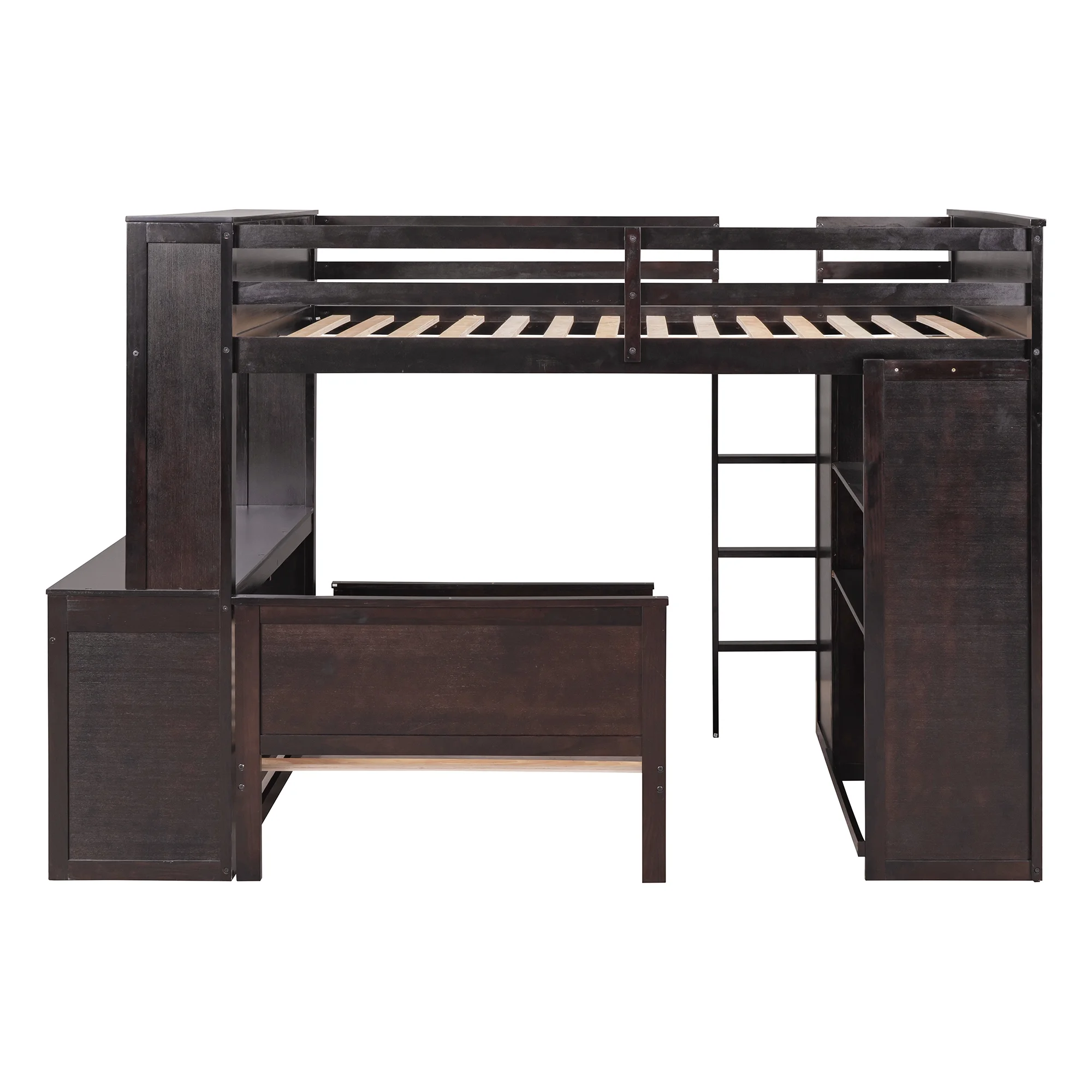 Twin Over Twin Bunk Bed with Storage, Solid Wood Bunk Bed with Shelves, Desk and Wardrobe, Twin Size Loft Bed with a Stand-Alone Bed for Kids Teens Adults (Espresso)