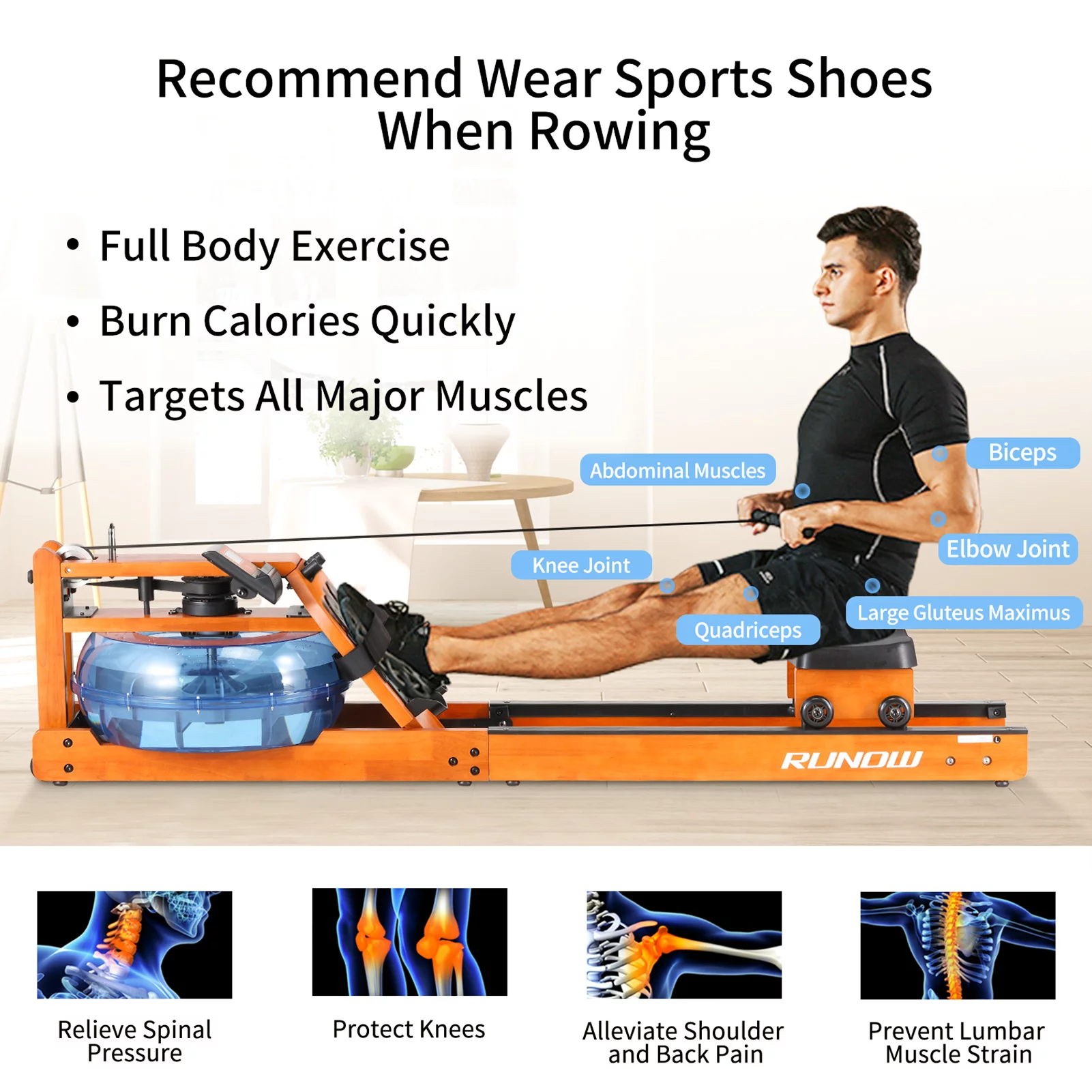 RUNOW Water Rowing Machine with LCD Monitor Wooden Water Rower 350 LB Wood Rowing Machine for Home Use
