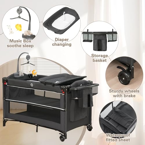 5 in 1 Baby Bassinet Bedside Sleeper, Pack and Play Bassinet , Bedside Sleeper for Newborn to Toddlers,Multifunction Portable Playard with Bassinet Crib,Soft Toys,Waterproof Sheet,Diaper Changer.