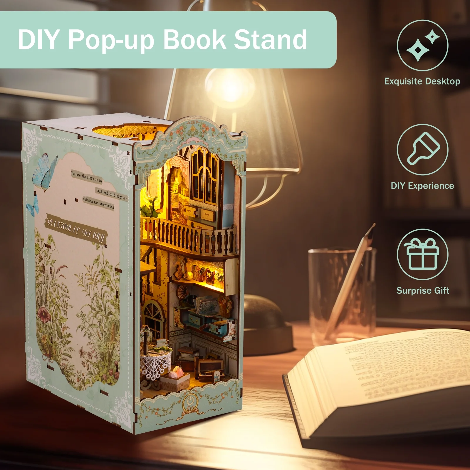 Morima DIY Book Nook Kit,3D Wooden Puzzle Bookshelf Insert Decor with LED Light,DIY Miniature Dollhouse Model Kit for Kids Adults