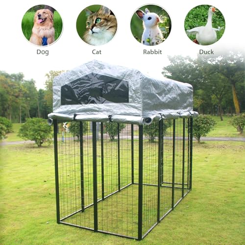 Outdoor Dog Kennel with roof, Large Dog Run Enclosure,Heavy Duty and Higher Outside Dog House with Anti-Rust Sidebar, Waterproof UV-Resistant Cover and Secure Lock (90" L x 90" W x 73" H)