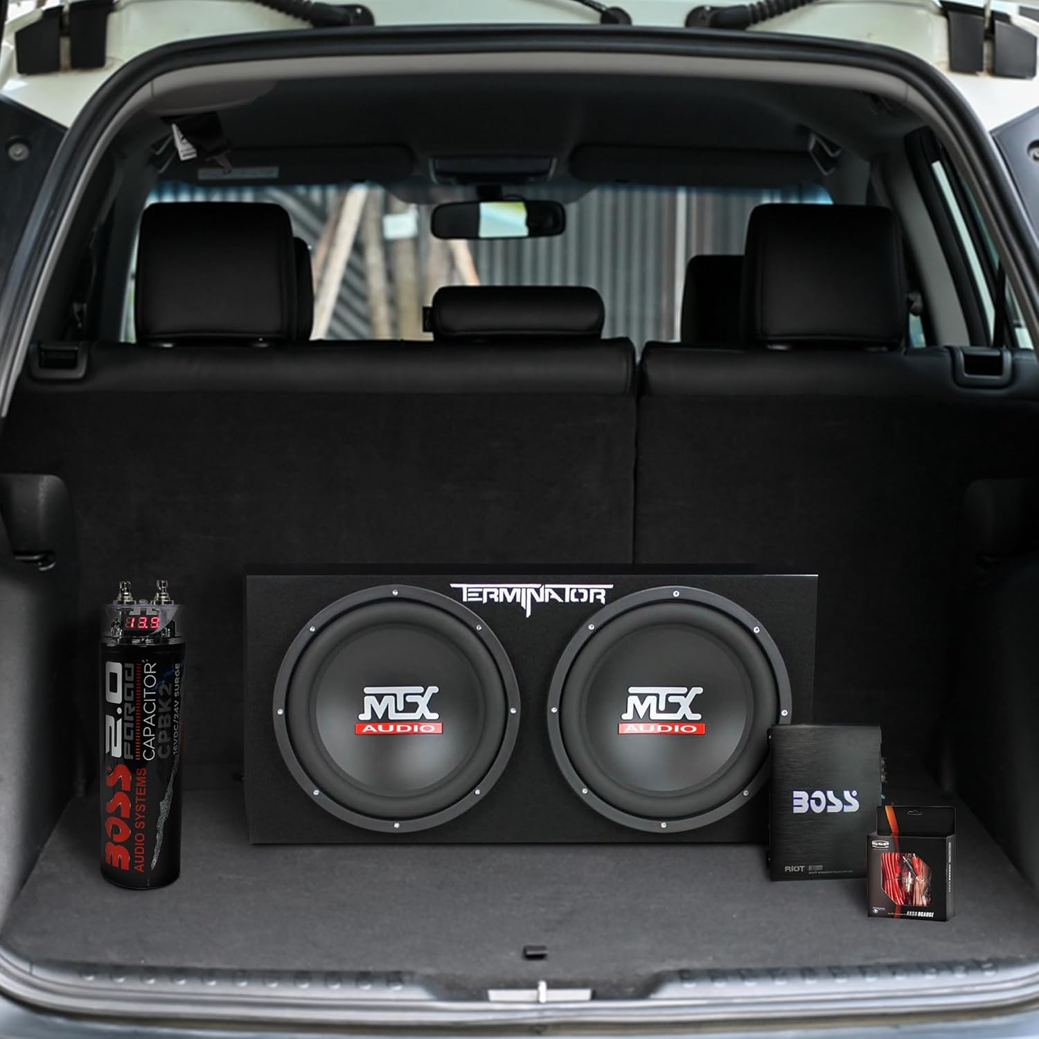 MTX 12 Inch 1200 Watt 4 Ohm Dual Loaded Car Audio Subwoofer Package with Sub Enclosure, Boss 1100W Mono A/B Amplifier, Wiring Kit and Capacitor