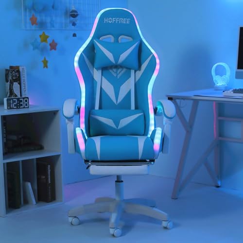HOFFREE Gaming Chair Massage with Bluetooth Speakers and Led Lights Ergonomic Computer Gaming Chair with Footrest RGB Video Game Chair with High Back Lumbar Support Blue and Black