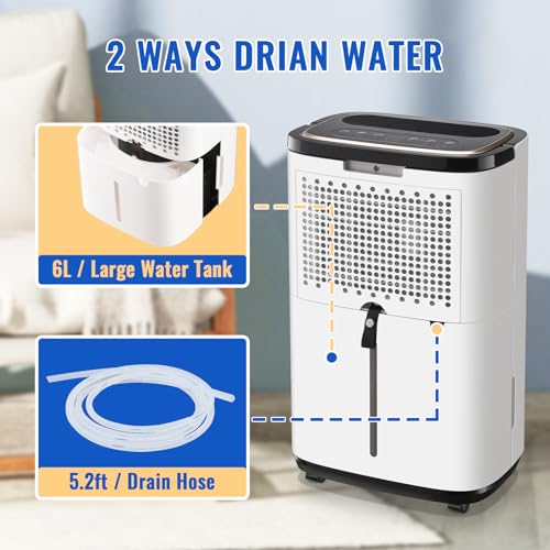 WANAI 30 Pints Dehumidifier for Basements with Drain Hose, 2500 Sq.Ft Dehumidifiers Auto Drain or Manual Drainage, Small Dehumidifier for Home Bedroom Bathroom with 2.2L Water Tank, 3 Modes, 24Timer